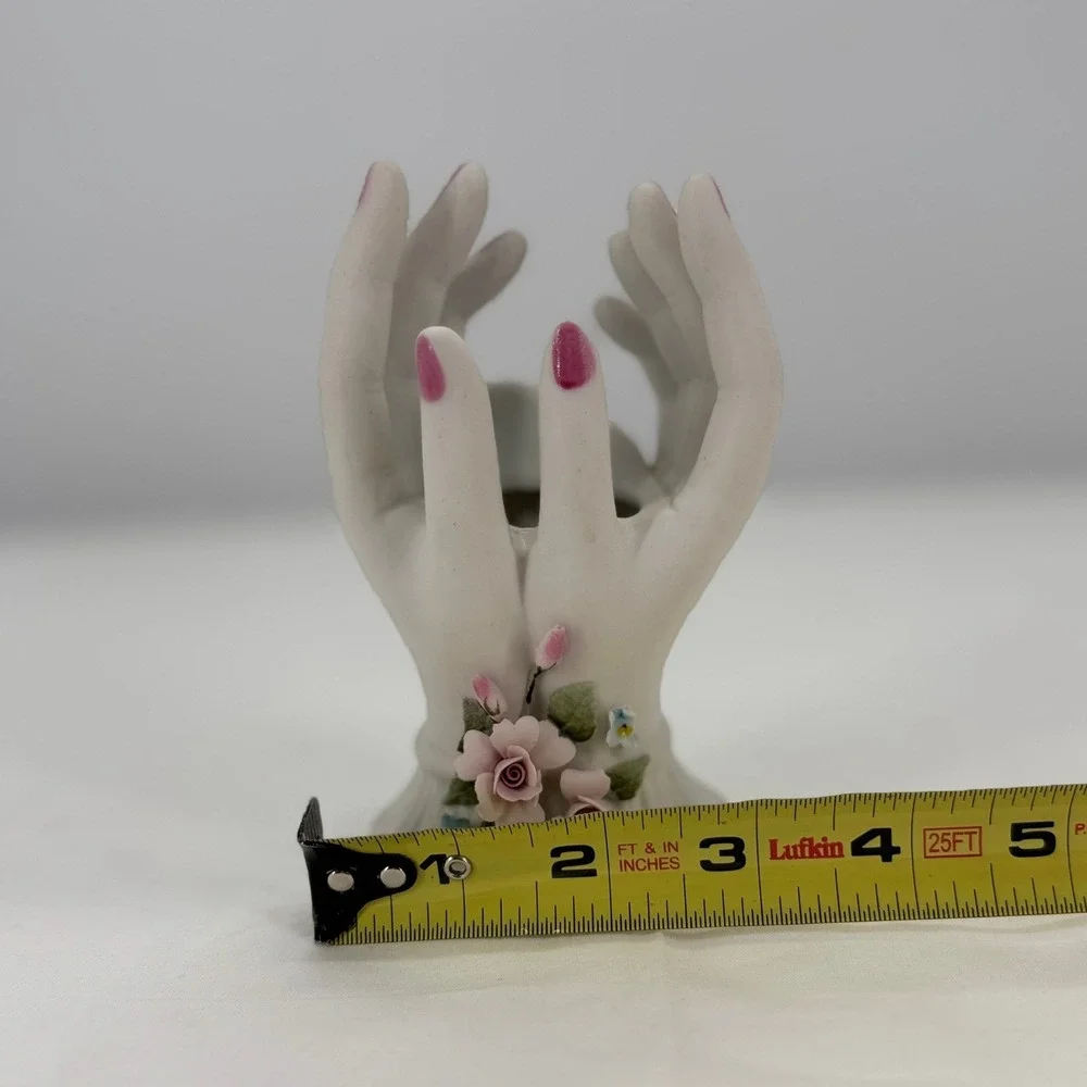 Lefton China Vintage Porcelain Hands Vase Figurine Pink Roses 1787 Hand Painted‎